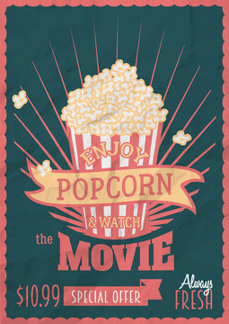 Enjoy popcorn and watch the movie. Poster design template with popcorn bucket. Crumpled paper effects can be easily removed.