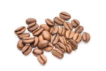 Coffee beans isolated on white background, closeup, macro
