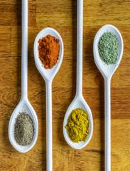Collection of various food ingredients in wooden spoons