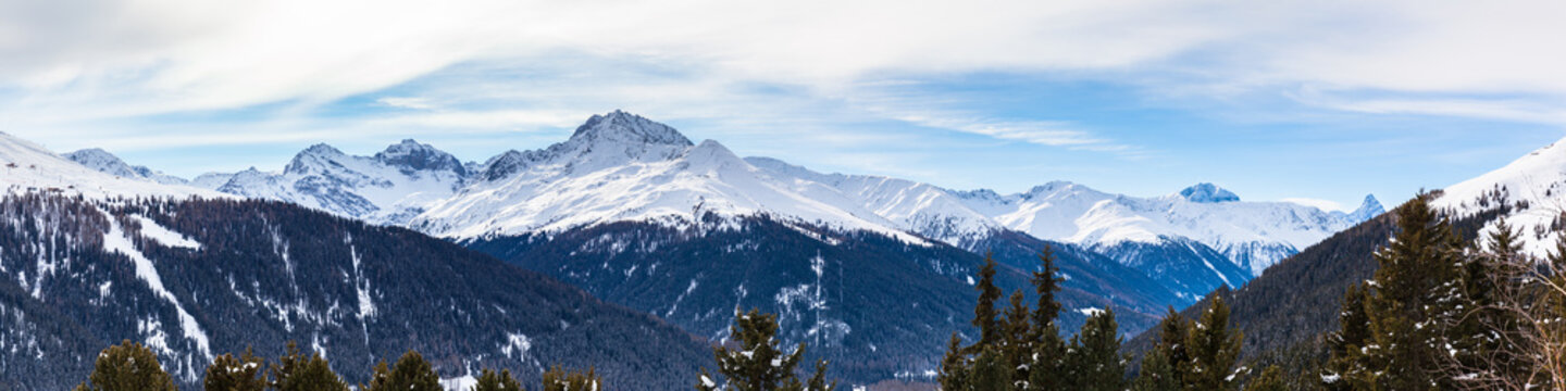 Panorama view of the Alps above Davos in Winter