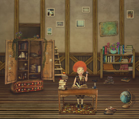 Illustration about a little boy reading on pile of books