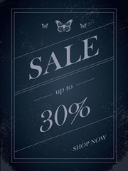 Sales banner on dark background with elegant typography for luxury sales offers in fashion. Vintage grunge discounts background. © jozefmicic