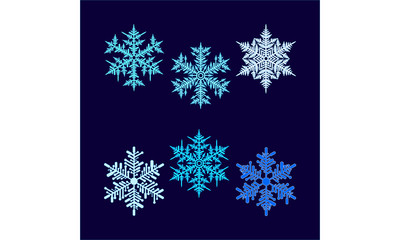 Six vector beautiful hex-shaped snowflakes on a dark blue background.