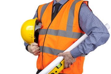 Fototapeta na wymiar Building Surveyor in orange visibility vest carrying drawings an