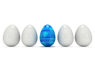 Blue easter egg in a row of the white eggs