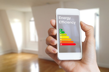 Energy efficiency rating on smartphone app, home interior in bac