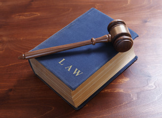 Gavel sitting on top of law book