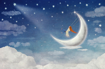 Fototapeta na wymiar Fairy riding on a swing on the moon in the sky