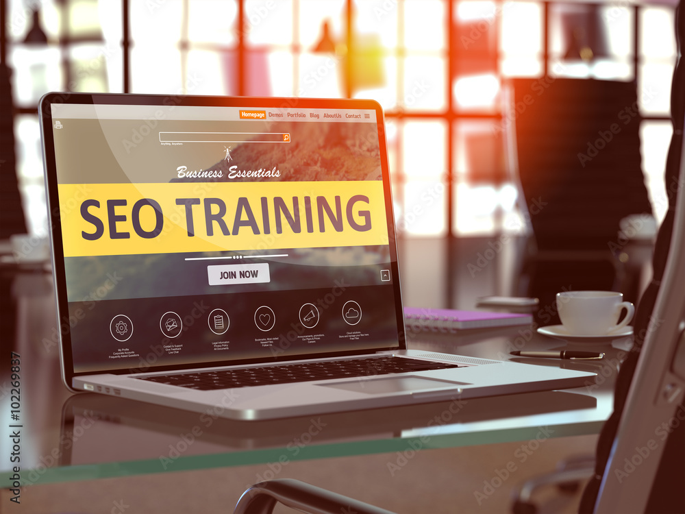 Aufkleber seo - search engine optimization - training concept. closeup landing page on laptop screen on backgr