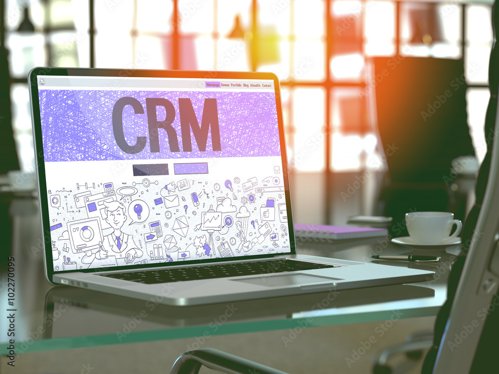 Poster crm - customer relationship management - concept - closeup on landing page of laptop screen in moder