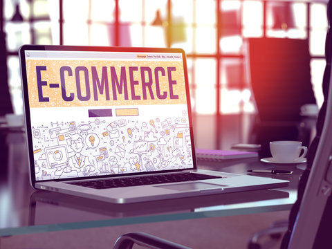E-Commerce - Closeup Landing Page in Doodle Design Style on Laptop Screen. On Background of Comfortable Working Place in Modern Office. Toned, Blurred Image. 3d Render. 