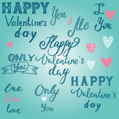 Valentines day calligraphy lettering set on blue
