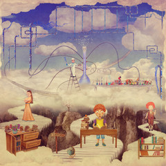 Illustration of Kids Playing in a  fantastic  Laboratory in the sky
