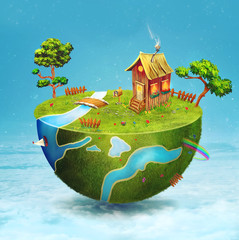 Small house,river  and trees on half of the globe