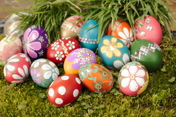Colourful easter eggs on grass