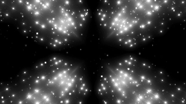 Fractal grey kaleidoscopic background with brilliant particles. Disco spectrum lights concert spot bulb.