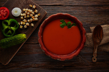 Gazpacho andaluz tomato soup and vegetables