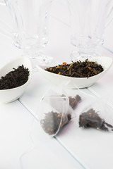 Assortment of dry tea: black, green,exotic fruit tea.
