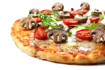 Tasty pizza decorated with mushrooms isolated on white background, close up