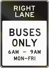 United States MUTCD regulatory road sign - Bus lane with special permissions