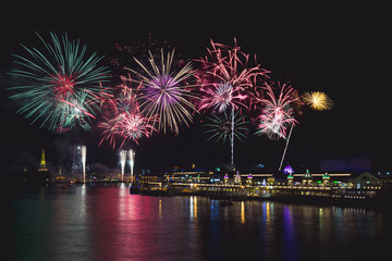 Beautiful firework display for celebration on the river