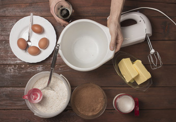 Cooking food, elevated view.