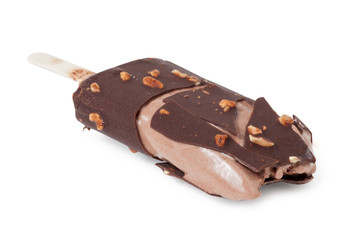 Ice cream covered with chocolate isolated on white