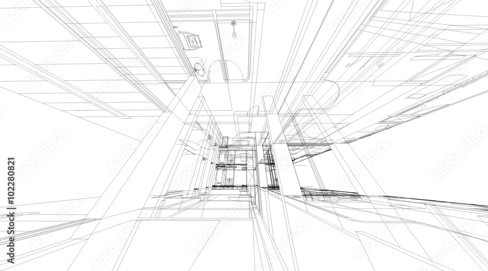 Poster abstract 3d rendering of building wireframe structure.