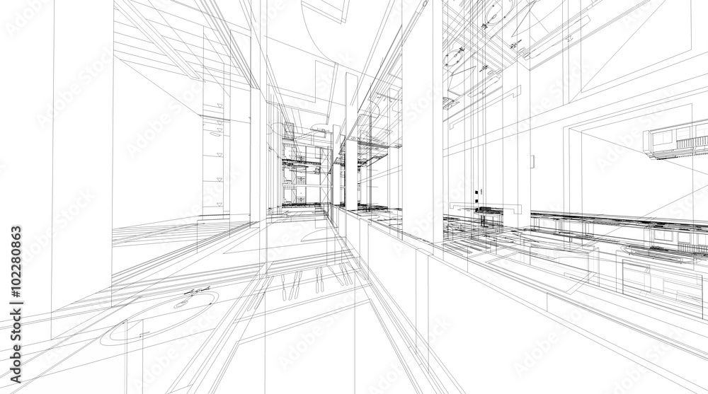 Poster abstract 3d rendering of building wireframe structure.