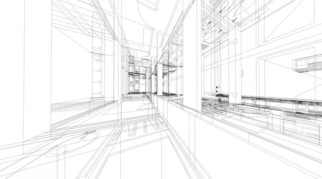 Abstract 3D rendering of building wireframe structure.