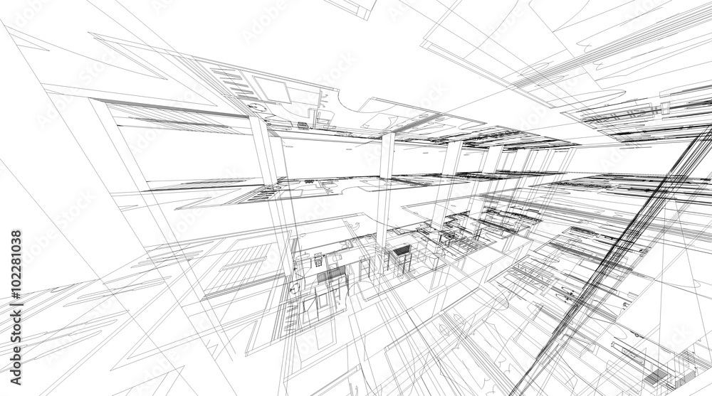 Poster abstract 3d rendering of building wireframe structure.