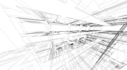 Abstract 3D rendering of building wireframe structure.