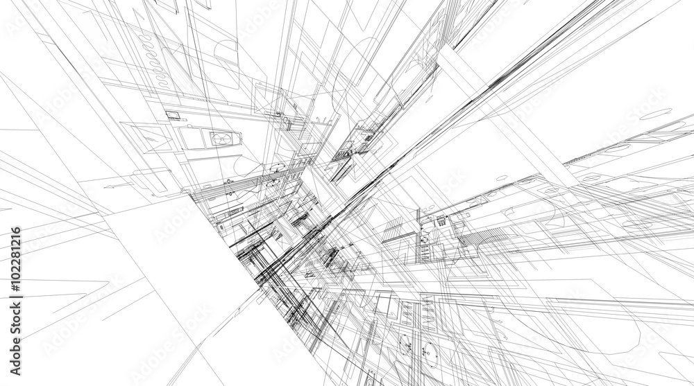 Poster abstract 3d rendering of building wireframe structure.