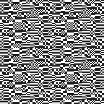 Glitch Abstract Seamless Pattern, Digital Image Data Distortion, Black And White  Background, Vector Illustration.