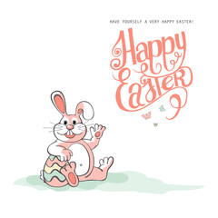 Happy Easter. Easter bunnies and egg in field.