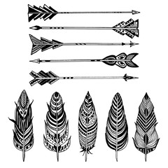 Set of Arrows and feathers on white background. Set of Ornamental Boho Style elements. Vector illustration. 