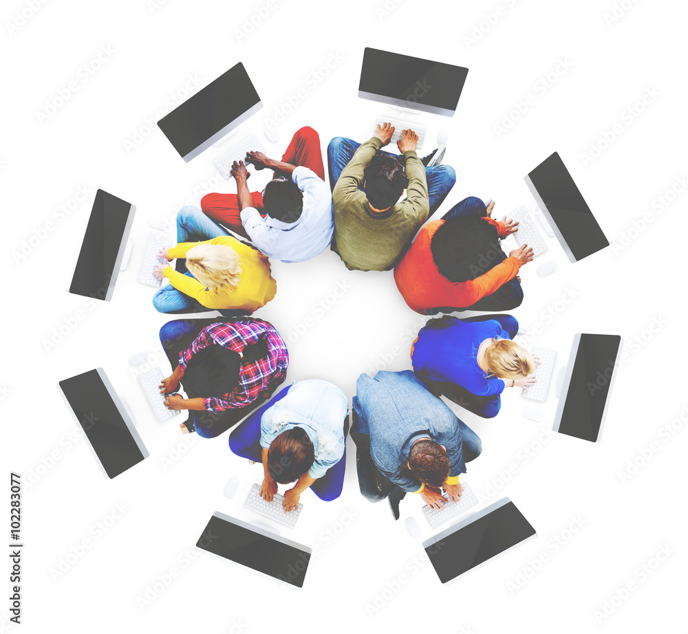 Poster multiethnic people using computers communication concept