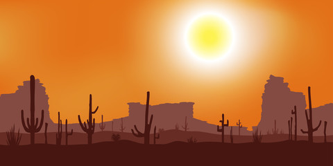 Sunset with Saguaro Cactus. Desert. Vector background.