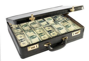 Black leather briefcase packed with money