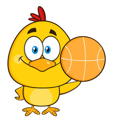 Cute Yellow Chick Cartoon Character Holding A Basketball