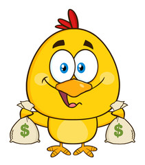 Funny Yellow Chick Cartoon Character Holding Money Bags