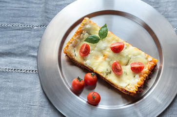 Lasagna on the metal plate: top view