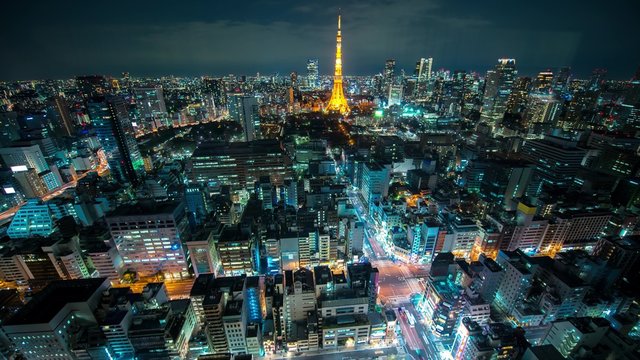 浜松町の世界貿易センタービル展望台からみた東京の夜景のタイムラプス