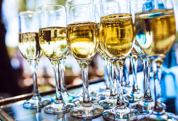 Celebration. Pyramid of champagne glasses.