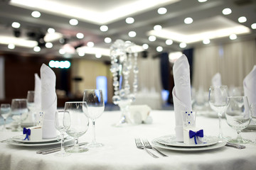 Table set for wedding or another catered event dinner.