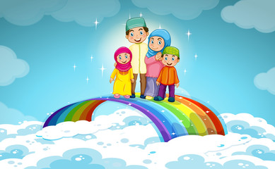 Obraz na płótnie Canvas Muslim family standing on the rainbow