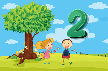 Flashcard number 2 with two children in the park