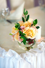 Table set for wedding or another catered event dinner.