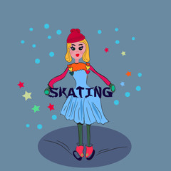 Little blond girl on ice skating. Snow and freedom. Isolated vector illustration. Hobby for family for postcard, banner