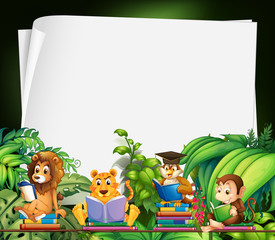 Border design with wild animals reading books